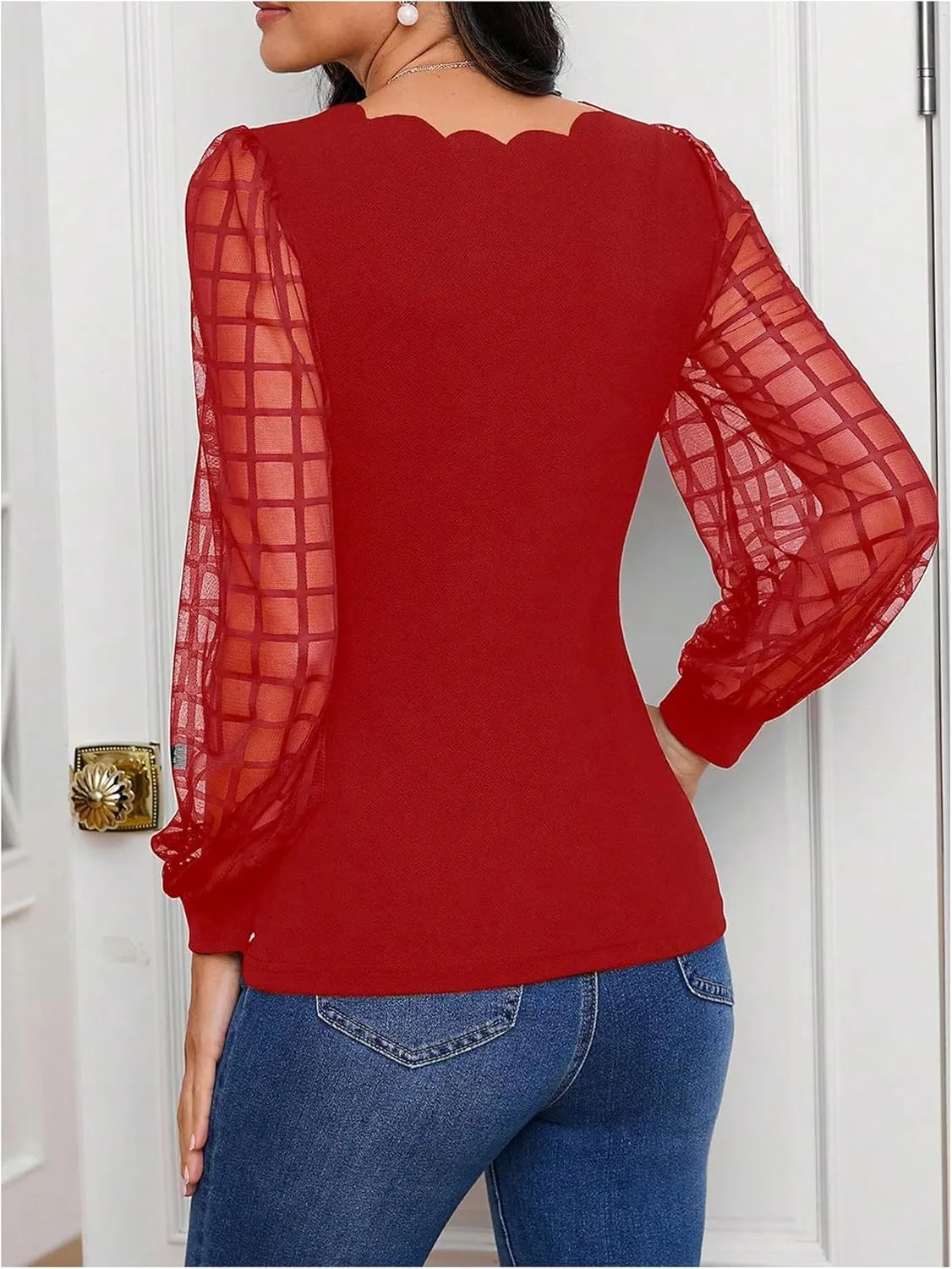 MakeMeChic Women's Lace Long Sleeve Tops Sheer Mesh Scallop Trim V Neck Blouse Shirt