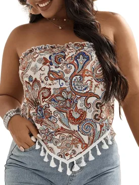 MakeMeChic Women's Plus Size Boho Tube Tops Paisley Print Fringe Tassel Hem Frill Trim Bandeau Shirt