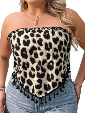 MakeMeChic Women's Plus Size Boho Tube Tops Paisley Print Fringe Tassel Hem Frill Trim Bandeau Shirt