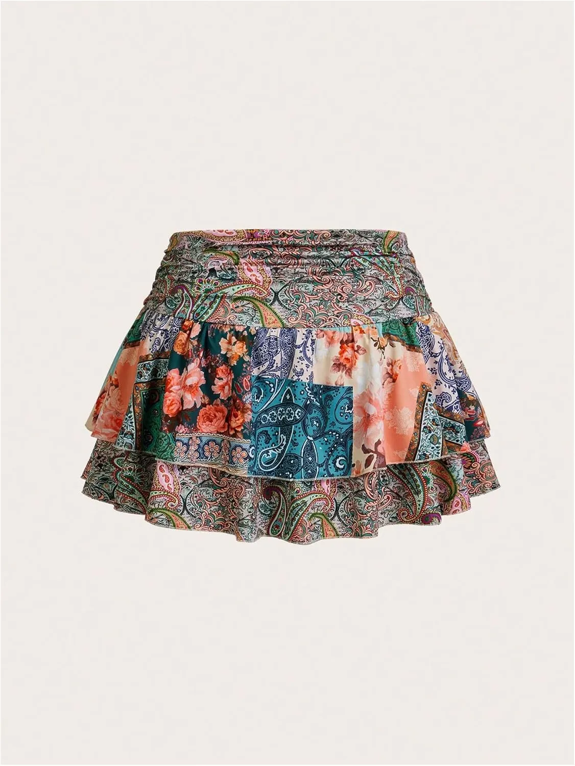 MakeMeChic Women's Plus Size Mini Skirt Paisley Print Ruffle Tiered A Line Boho Summer Skirts