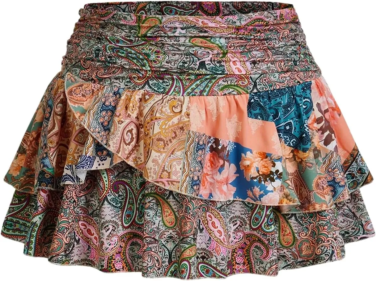 MakeMeChic Women's Plus Size Mini Skirt Paisley Print Ruffle Tiered A Line Boho Summer Skirts