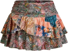 MakeMeChic Women's Plus Size Mini Skirt Paisley Print Ruffle Tiered A Line Boho Summer Skirts