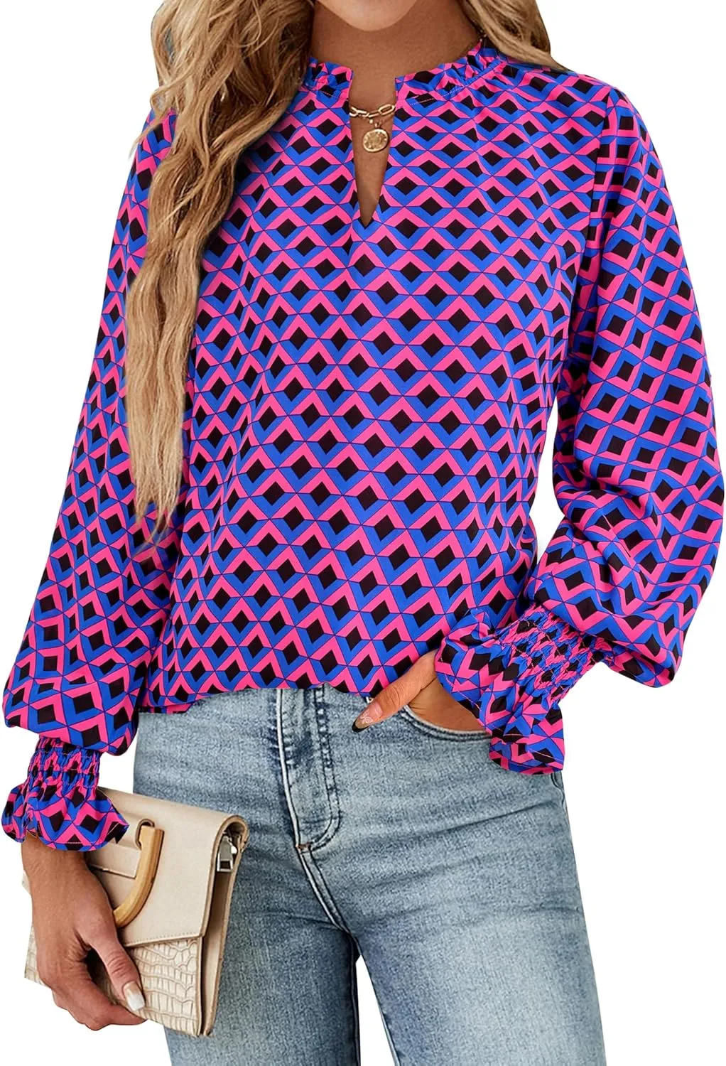 MASCOMODA Womens V Neck Floral Long Sleeve Tops 2025 Summer Casual Loose Puff Sleeve Chiffon Boho Work Blouse Dressy T Shirts