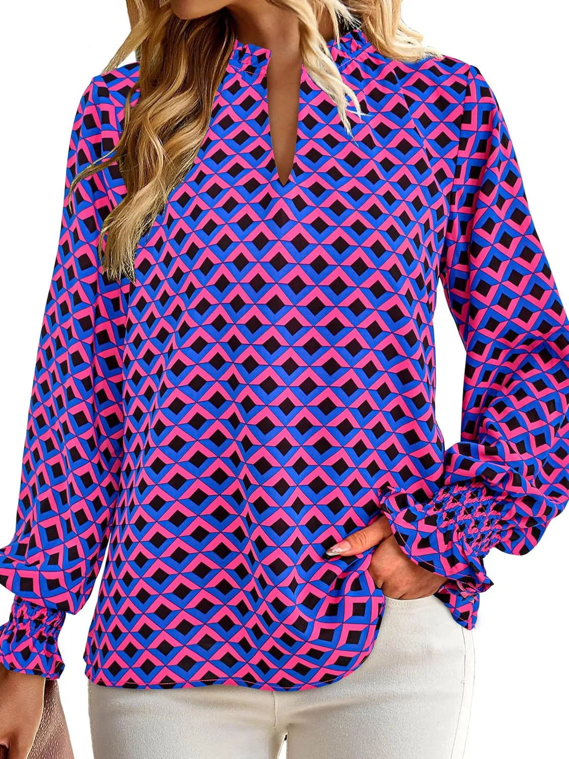 MASCOMODA Womens V Neck Floral Long Sleeve Tops 2025 Summer Casual Loose Puff Sleeve Chiffon Boho Work Blouse Dressy T Shirts