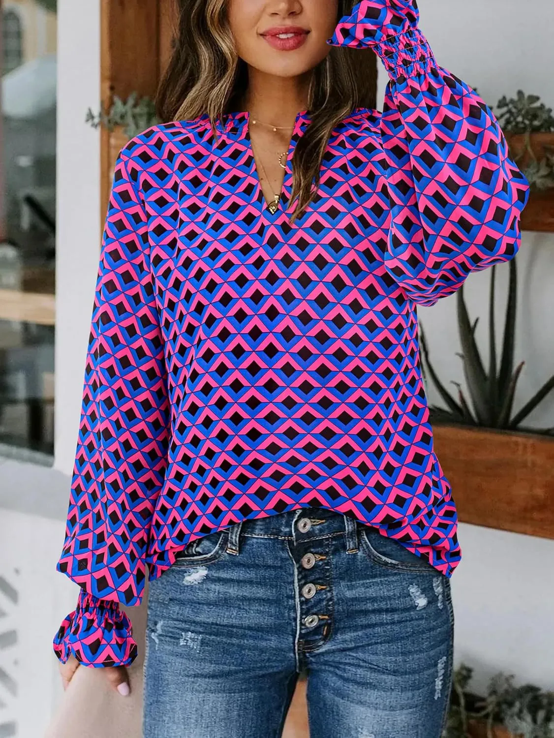MASCOMODA Womens V Neck Floral Long Sleeve Tops 2025 Summer Casual Loose Puff Sleeve Chiffon Boho Work Blouse Dressy T Shirts