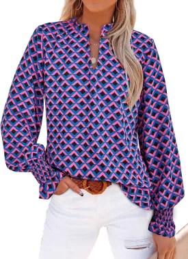 MASCOMODA Womens V Neck Floral Long Sleeve Tops 2025 Summer Casual Loose Puff Sleeve Chiffon Boho Work Blouse Dressy T Shirts