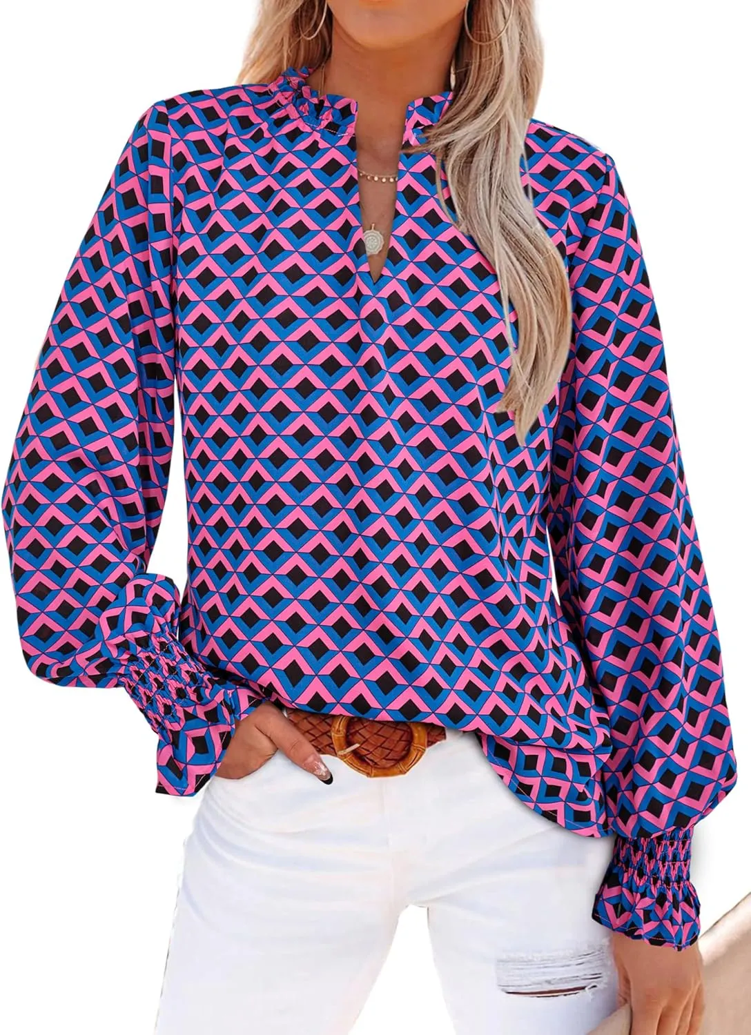 MASCOMODA Womens V Neck Floral Long Sleeve Tops 2025 Summer Casual Loose Puff Sleeve Chiffon Boho Work Blouse Dressy T Shirts