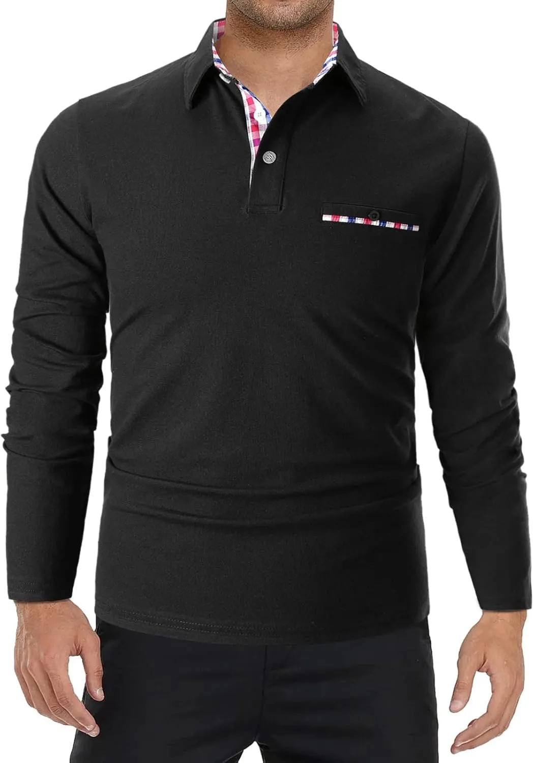 Mens Polo Shirts Long Sleeve Casual Plaid Collar Golf Shirt for Men Slim Fit Cotton Polo T Shirts Top