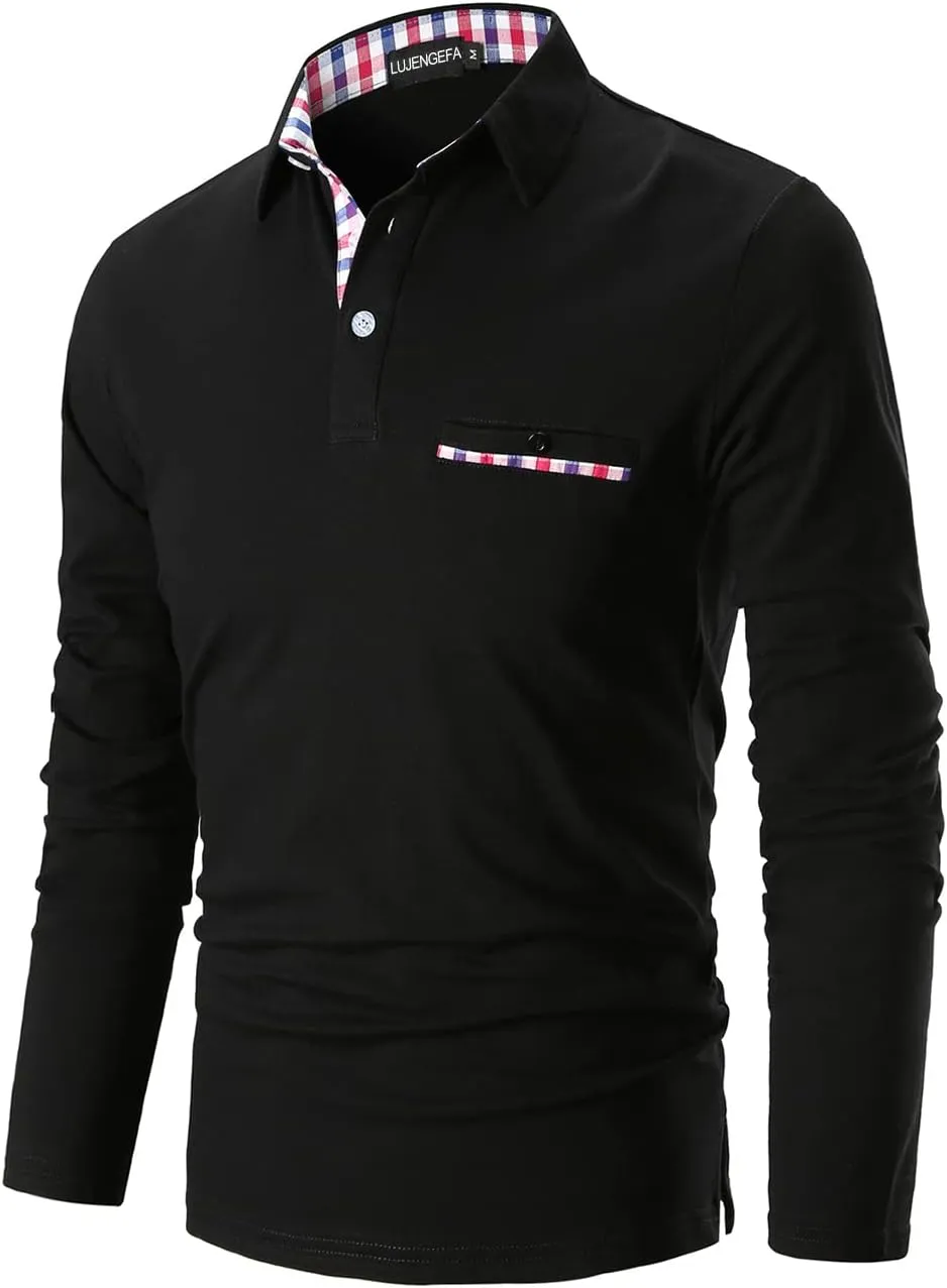 Mens Polo Shirts Long Sleeve Casual Plaid Collar Golf Shirt for Men Slim Fit Cotton Polo T Shirts Top