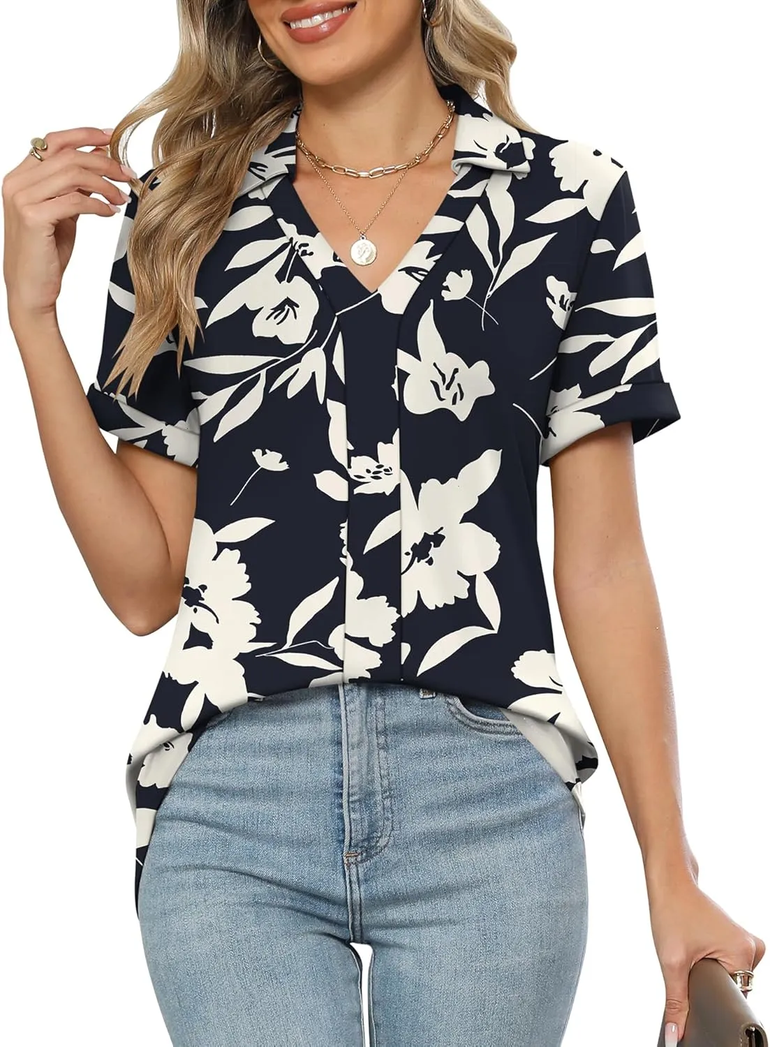 Micoson Womens Polo Shirts Dressy V Neck Business Casual Tops Lapel Collar Short Sleeve Summer Shirts Loose Fit Work Blouses