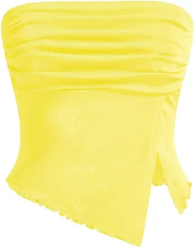 Milumia Women Mesh Tube Tops Split Hem Going Out Strapless Bandeau Tops Ruched Tank Shirts