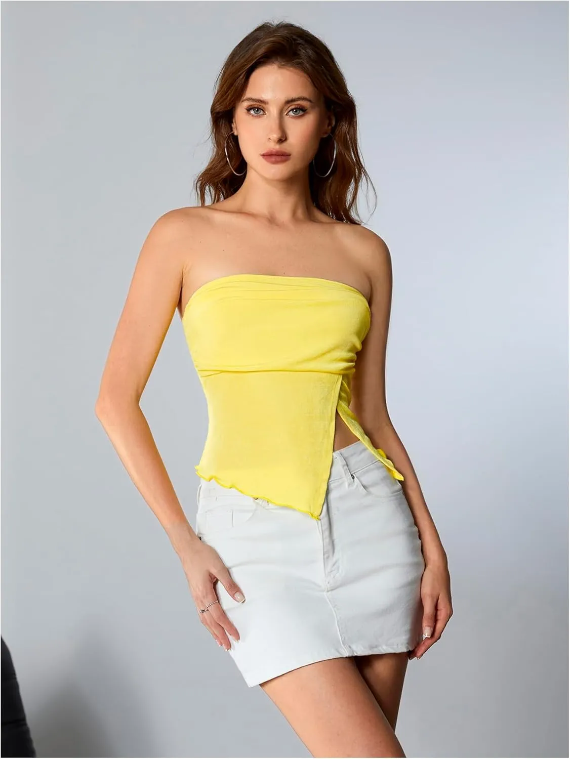 Milumia Women Mesh Tube Tops Split Hem Going Out Strapless Bandeau Tops Ruched Tank Shirts
