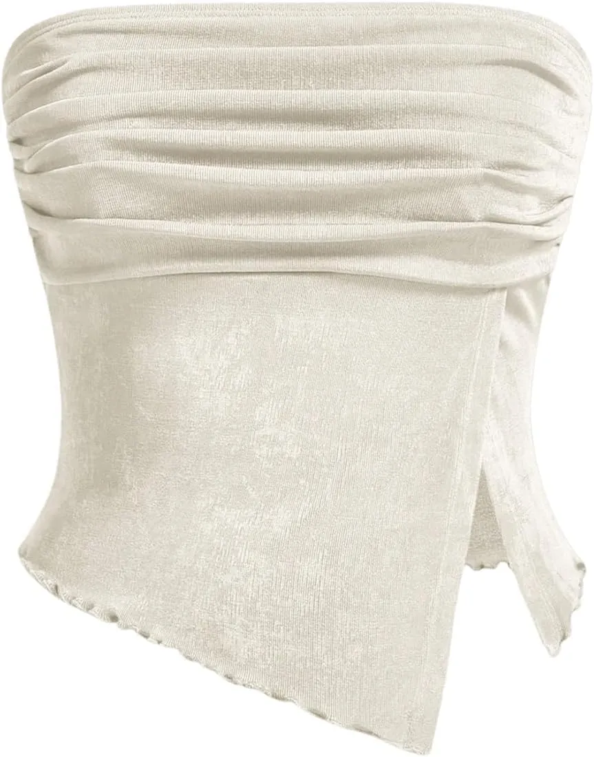 Milumia Women Mesh Tube Tops Split Hem Going Out Strapless Bandeau Tops Ruched Tank Shirts