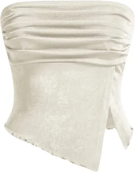 Milumia Women Mesh Tube Tops Split Hem Going Out Strapless Bandeau Tops Ruched Tank Shirts