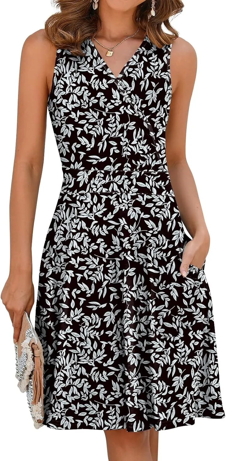 Naggoo Sundresses for Women Summer Casual Faux Wrap V Neck Floral Short Tank Dress with Pockets