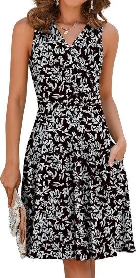 Naggoo Sundresses for Women Summer Casual Faux Wrap V Neck Floral Short Tank Dress with Pockets