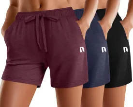 Neer 3 Pack Women's Sweat Shorts, Summer Drawstring Cotton Shorts with Pocket Loose Athletic Lounge Casual Running Bottoms