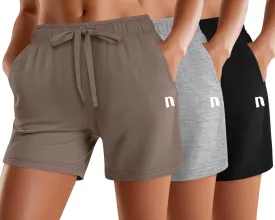 Neer 3 Pack Women's Sweat Shorts, Summer Drawstring Cotton Shorts with Pocket Loose Athletic Lounge Casual Running Bottoms