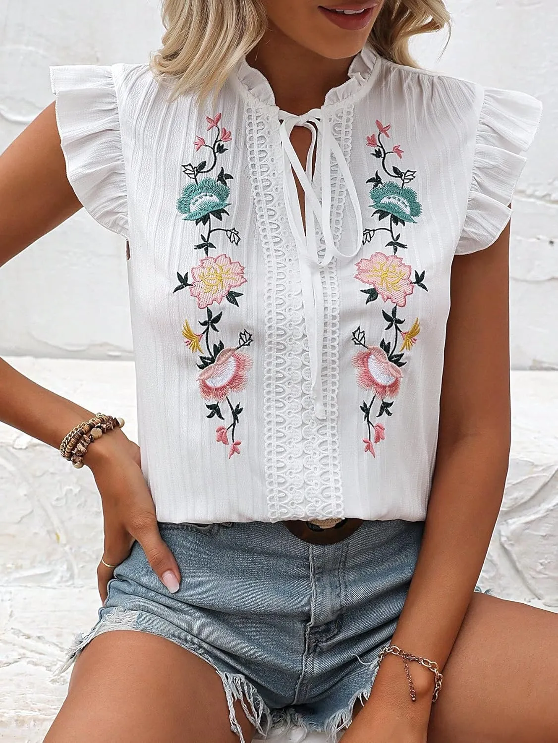OYOANGLE Women's Floral Embroidery Ruffle Short Sleeve Blouses Tie Neck Frill Trim Shirt Tops