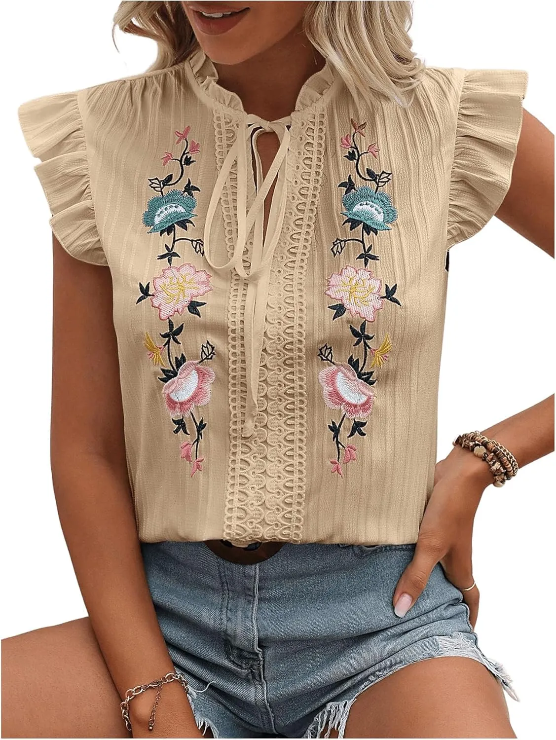 OYOANGLE Women's Floral Embroidery Ruffle Short Sleeve Blouses Tie Neck Frill Trim Shirt Tops