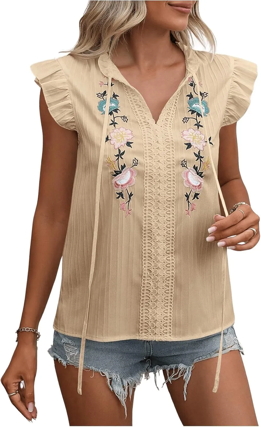 OYOANGLE Women's Floral Embroidery Ruffle Short Sleeve Blouses Tie Neck Frill Trim Shirt Tops