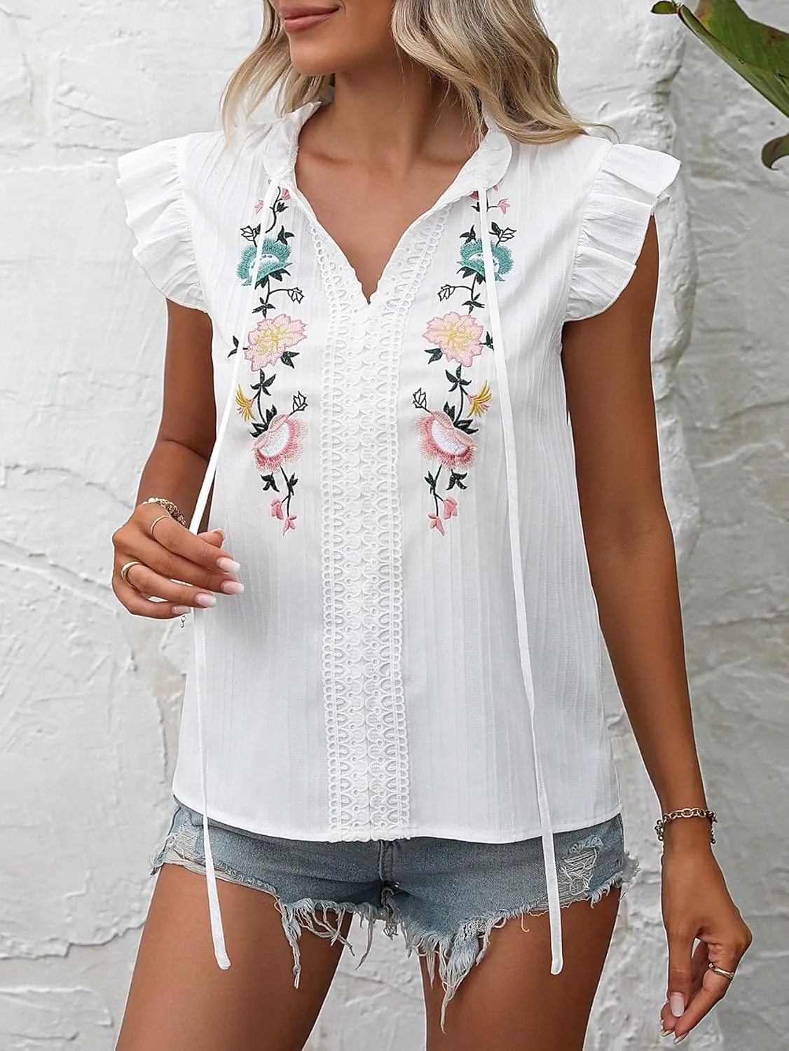 OYOANGLE Women's Floral Embroidery Ruffle Short Sleeve Blouses Tie Neck Frill Trim Shirt Tops