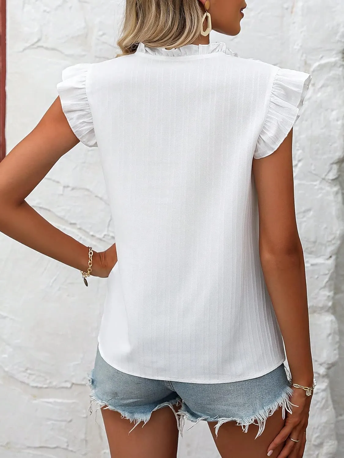OYOANGLE Women's Floral Embroidery Ruffle Short Sleeve Blouses Tie Neck Frill Trim Shirt Tops