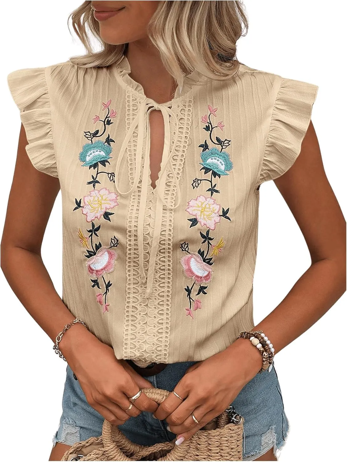 OYOANGLE Women's Floral Embroidery Ruffle Short Sleeve Blouses Tie Neck Frill Trim Shirt Tops