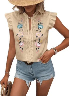 OYOANGLE Women's Floral Embroidery Ruffle Short Sleeve Blouses Tie Neck Frill Trim Shirt Tops