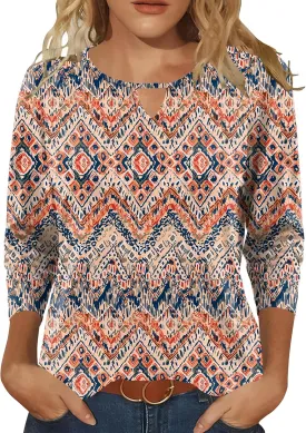 Romanstii 3/4 Length Sleeve Womens Tops Keyhole Crewneck Shirts Business Dressy Casual Tunic Blouses Summer Basic Tees