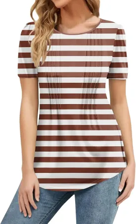 Short Sleeve Tops for Women Summer 2025 V Neck Dressy Casual Blouses Loose Shirts Pleated Tunic Tops Printed Basic Tees