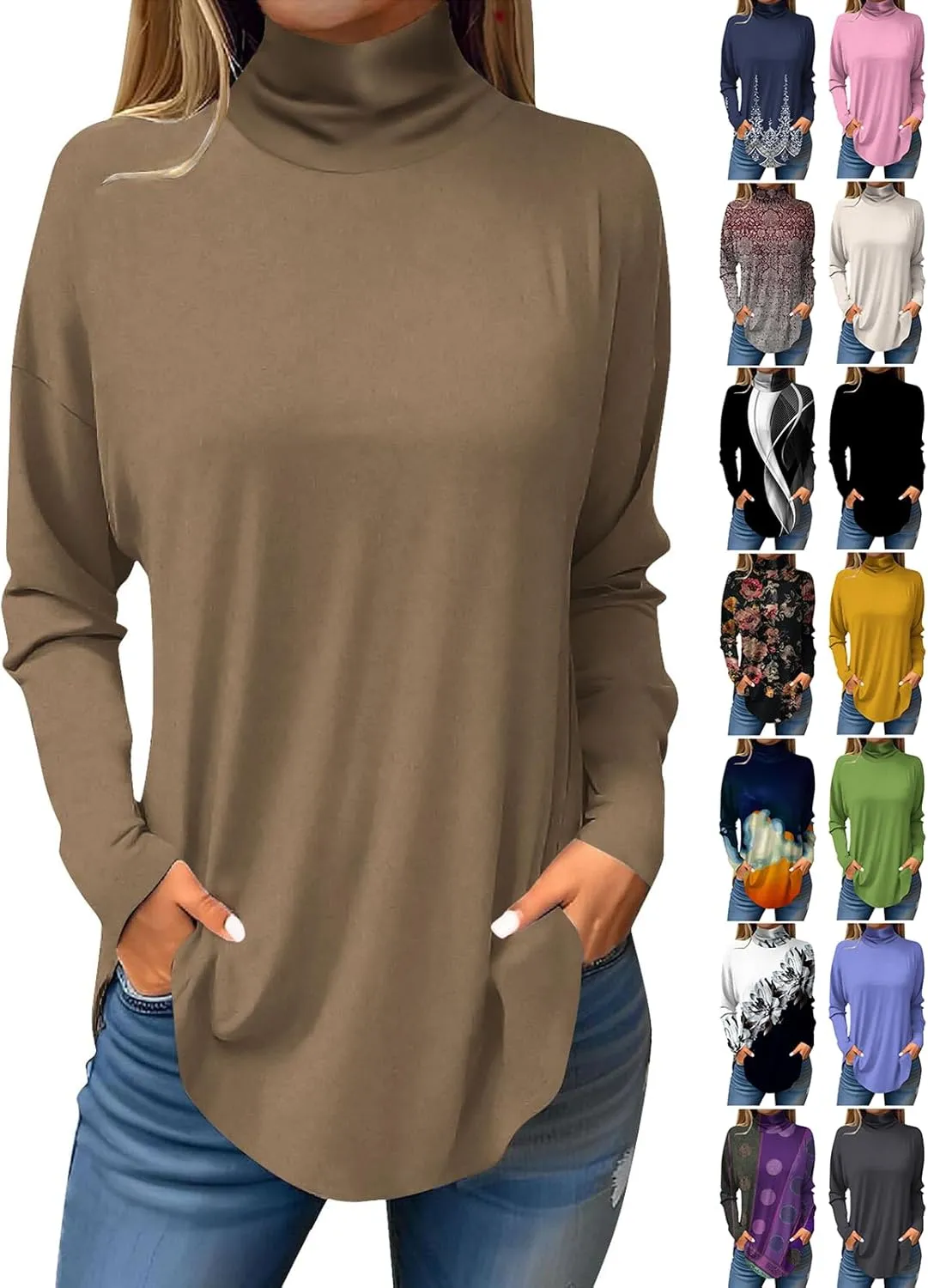 slqdgmryz Turtle Necks Tops for Women Long Sleeve Fall Shirts Mock Turtleneck Dressy Blouses Drop Shoulder Long Tunic Tops
