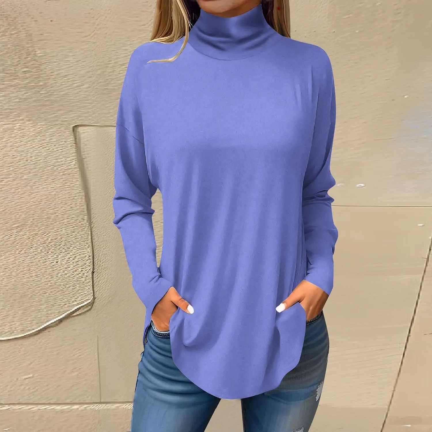 slqdgmryz Turtle Necks Tops for Women Long Sleeve Fall Shirts Mock Turtleneck Dressy Blouses Drop Shoulder Long Tunic Tops