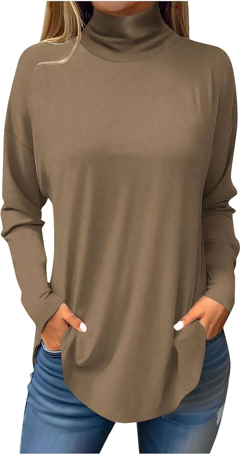 slqdgmryz Turtle Necks Tops for Women Long Sleeve Fall Shirts Mock Turtleneck Dressy Blouses Drop Shoulder Long Tunic Tops