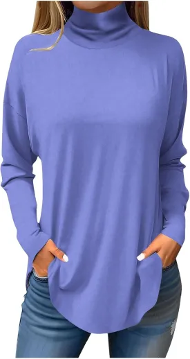 slqdgmryz Turtle Necks Tops for Women Long Sleeve Fall Shirts Mock Turtleneck Dressy Blouses Drop Shoulder Long Tunic Tops