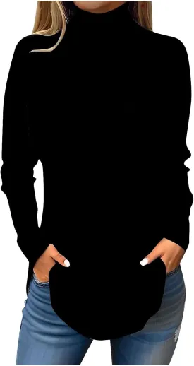 slqdgmryz Turtle Necks Tops for Women Long Sleeve Fall Shirts Mock Turtleneck Dressy Blouses Drop Shoulder Long Tunic Tops