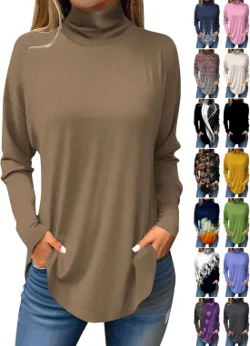 slqdgmryz Turtle Necks Tops for Women Long Sleeve Fall Shirts Mock Turtleneck Dressy Blouses Drop Shoulder Long Tunic Tops