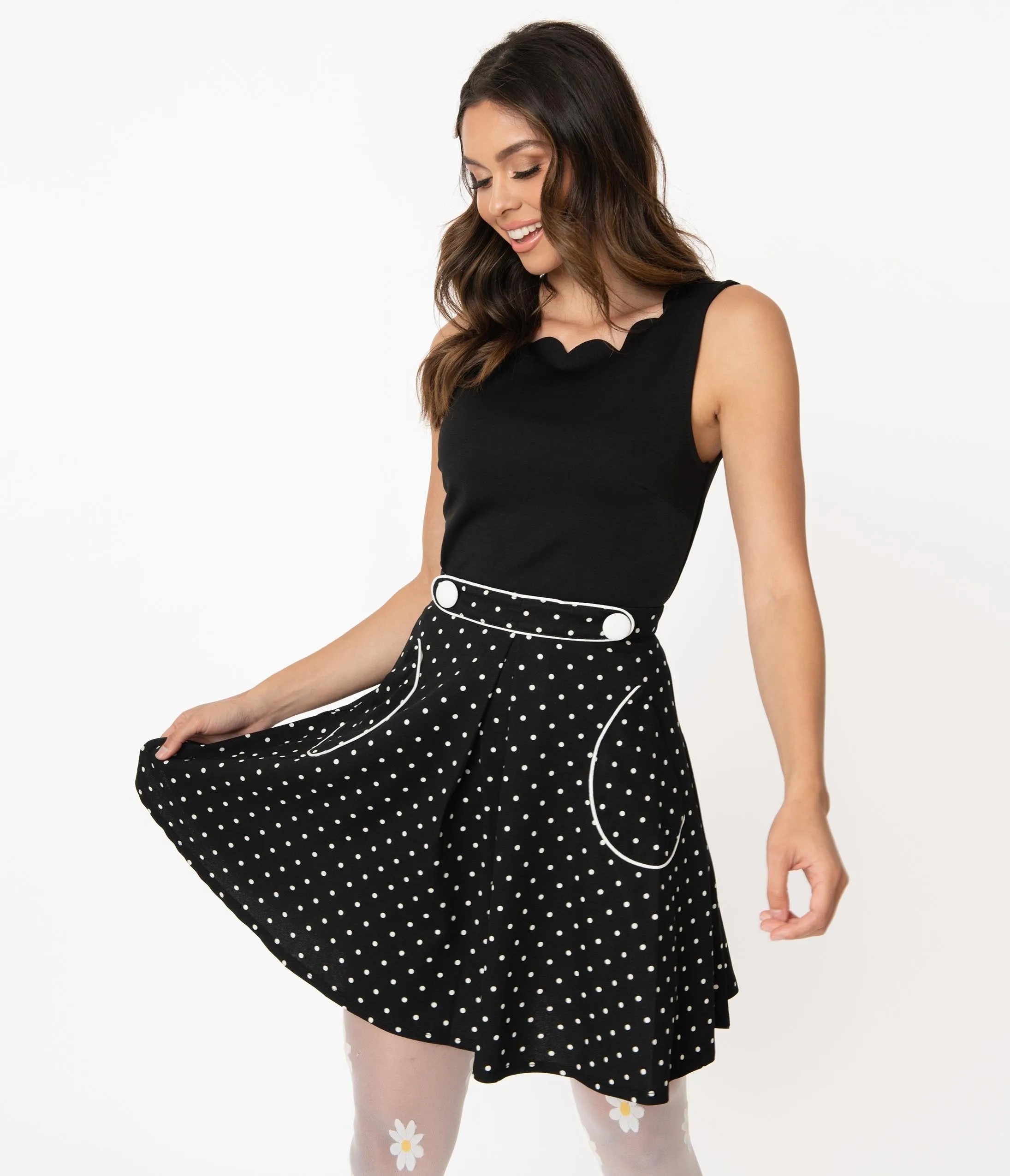 Smak Parlour 1960s Black & White Polka Dot Trend Setter Flare Skirt