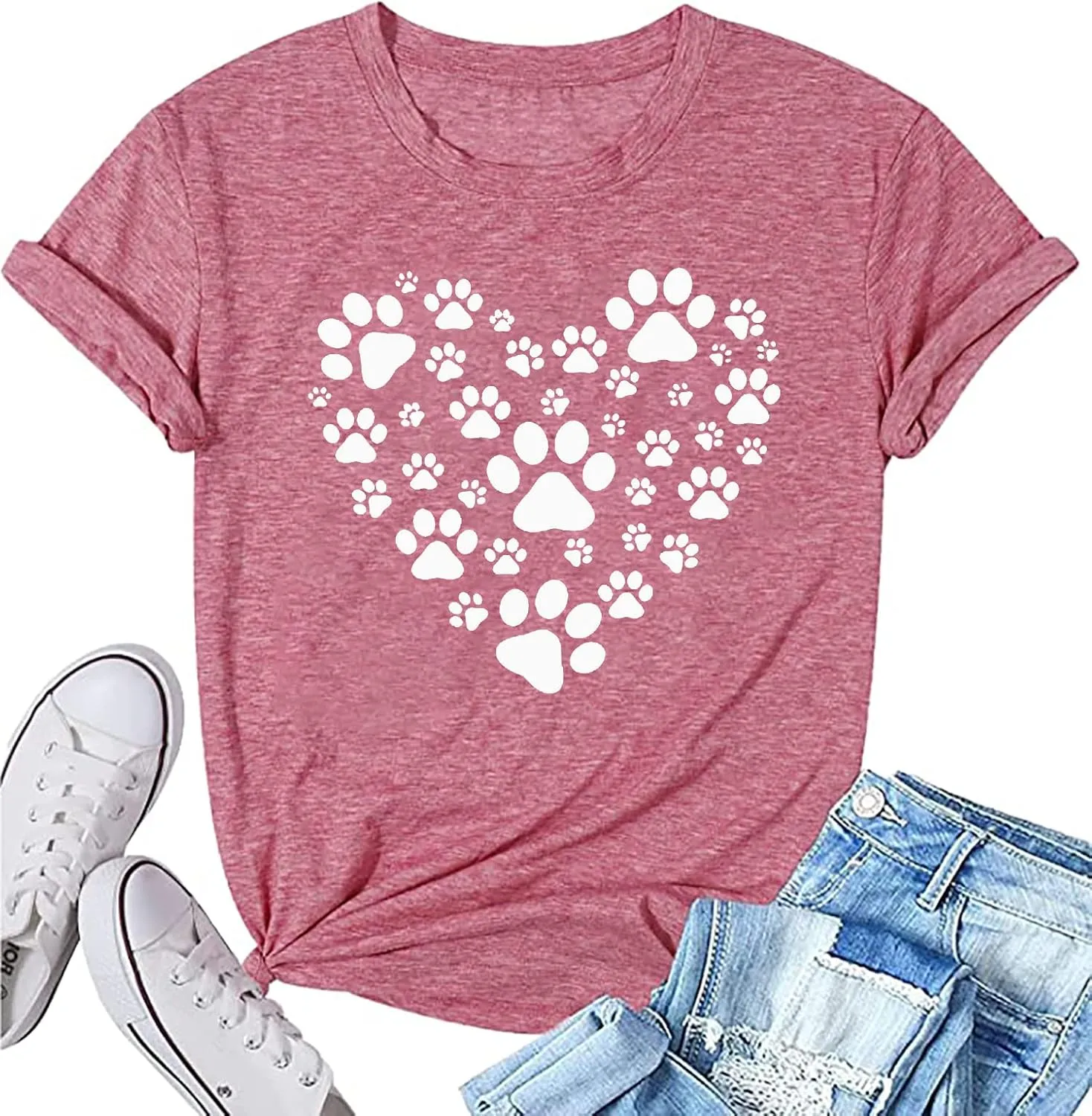 Susongeth Dog Paw Love Heart Print T-Shirt for Women Short Sleeve Dog Mom Graphic Tees Tops Mother's Day Shirts