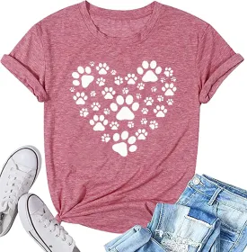 Susongeth Dog Paw Love Heart Print T-Shirt for Women Short Sleeve Dog Mom Graphic Tees Tops Mother's Day Shirts