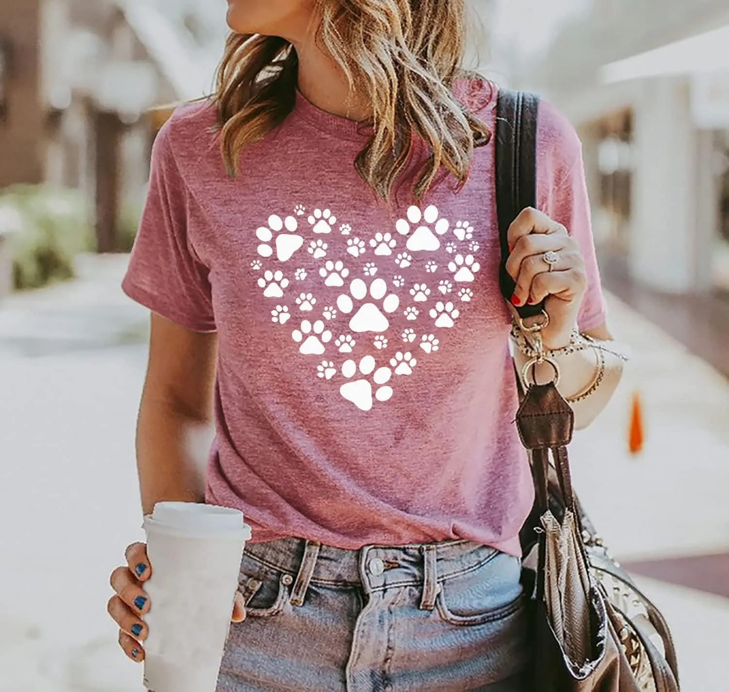 Susongeth Dog Paw Love Heart Print T-Shirt for Women Short Sleeve Dog Mom Graphic Tees Tops Mother's Day Shirts