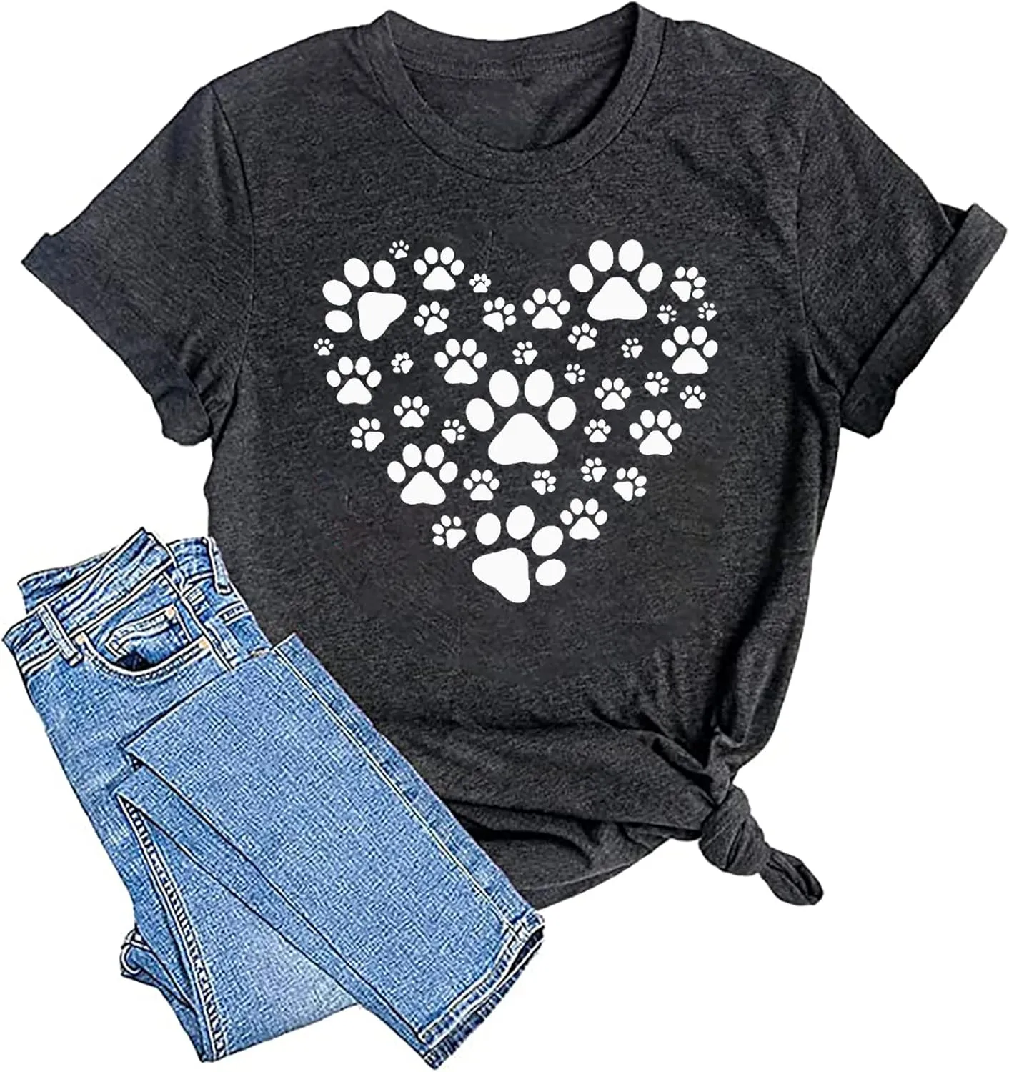 Susongeth Dog Paw Love Heart Print T-Shirt for Women Short Sleeve Dog Mom Graphic Tees Tops Mother's Day Shirts