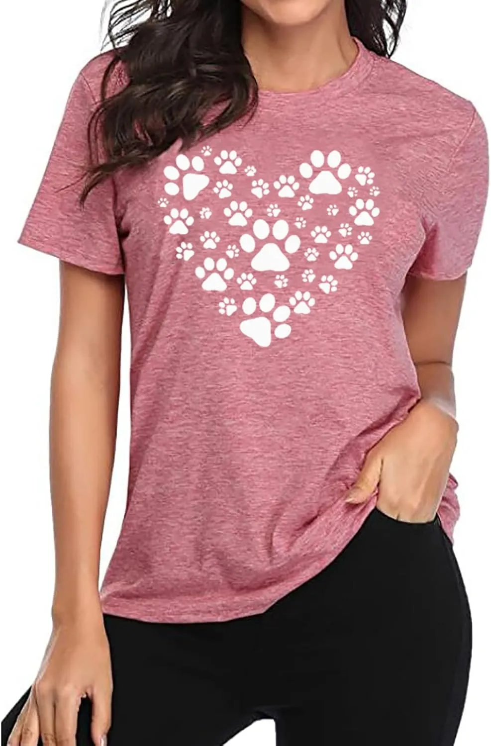 Susongeth Dog Paw Love Heart Print T-Shirt for Women Short Sleeve Dog Mom Graphic Tees Tops Mother's Day Shirts