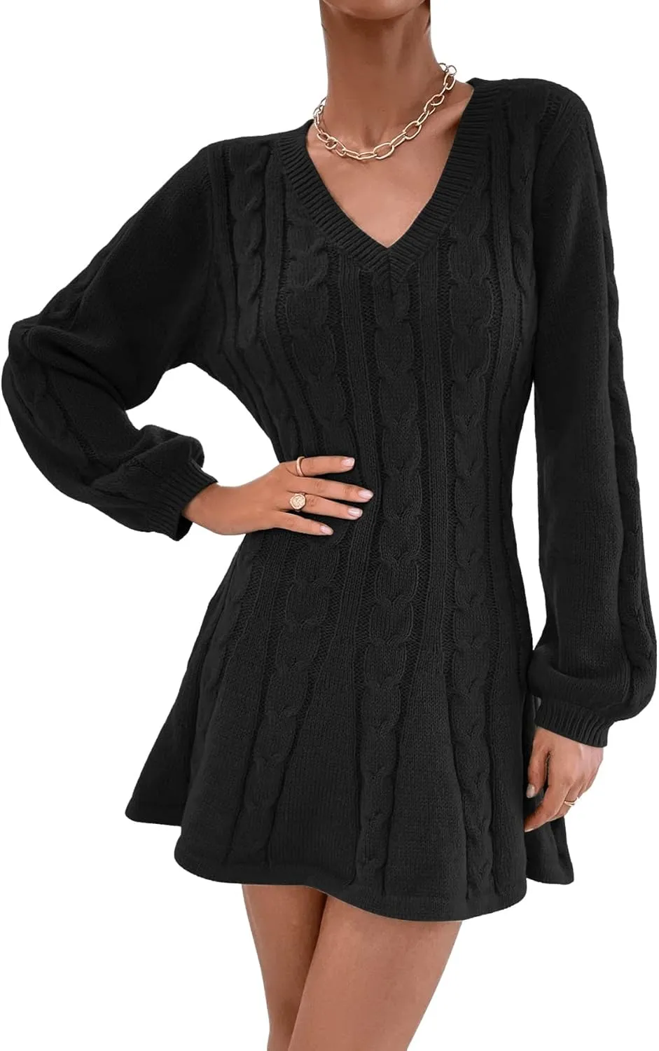 SweatyRocks Women's Cable Knit Short V Neck Sweater Dress Soild Long Bishop Sleeve Flared Dresses