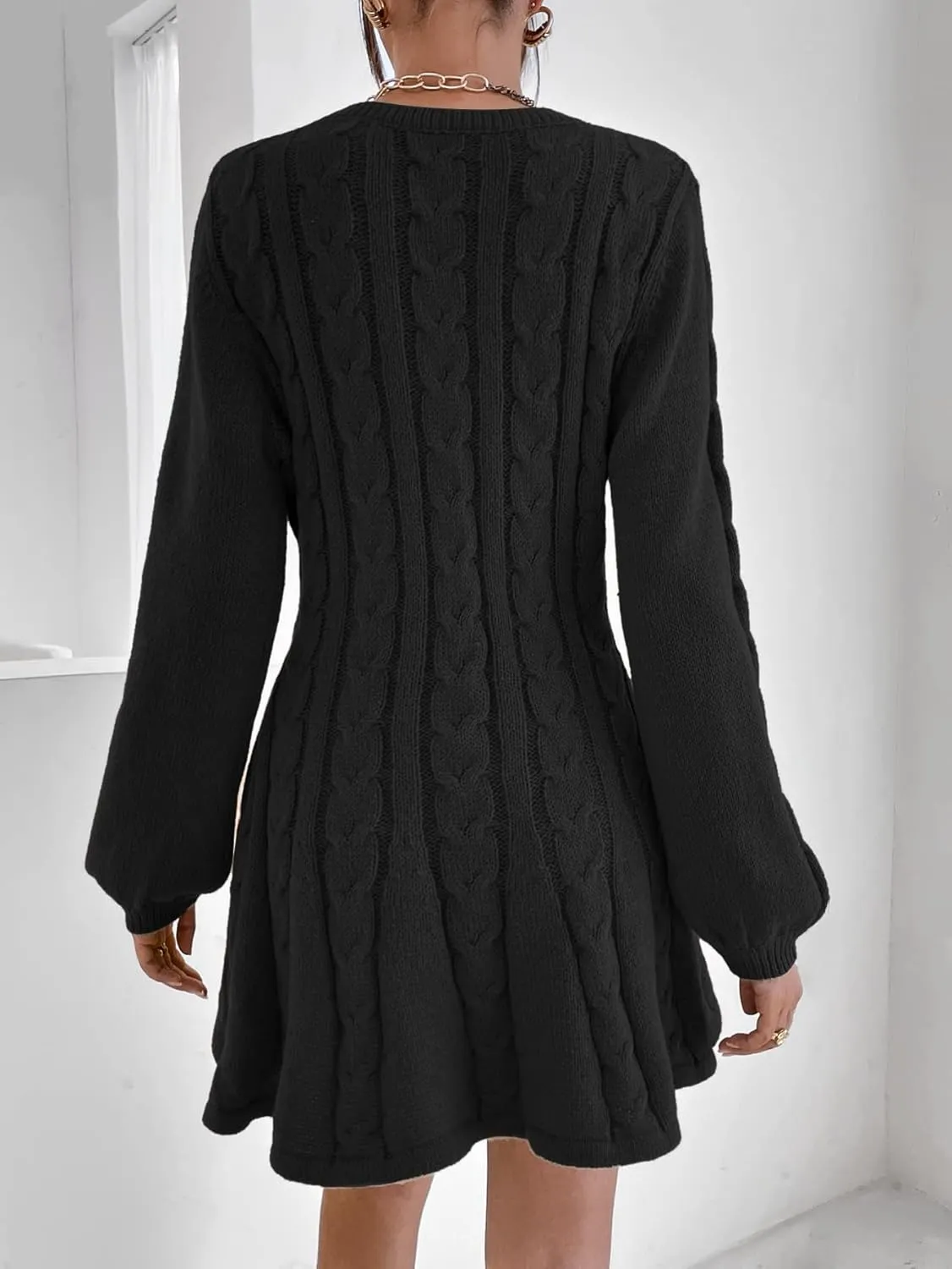 SweatyRocks Women's Cable Knit Short V Neck Sweater Dress Soild Long Bishop Sleeve Flared Dresses