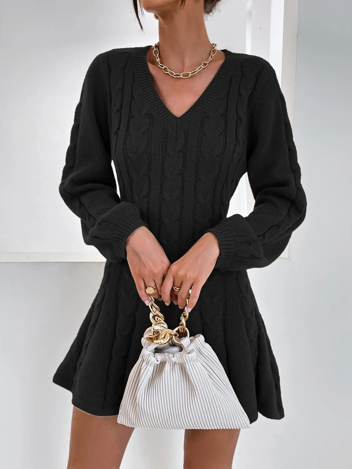 SweatyRocks Women's Cable Knit Short V Neck Sweater Dress Soild Long Bishop Sleeve Flared Dresses