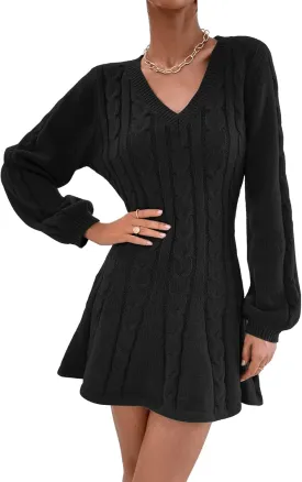 SweatyRocks Women's Cable Knit Short V Neck Sweater Dress Soild Long Bishop Sleeve Flared Dresses