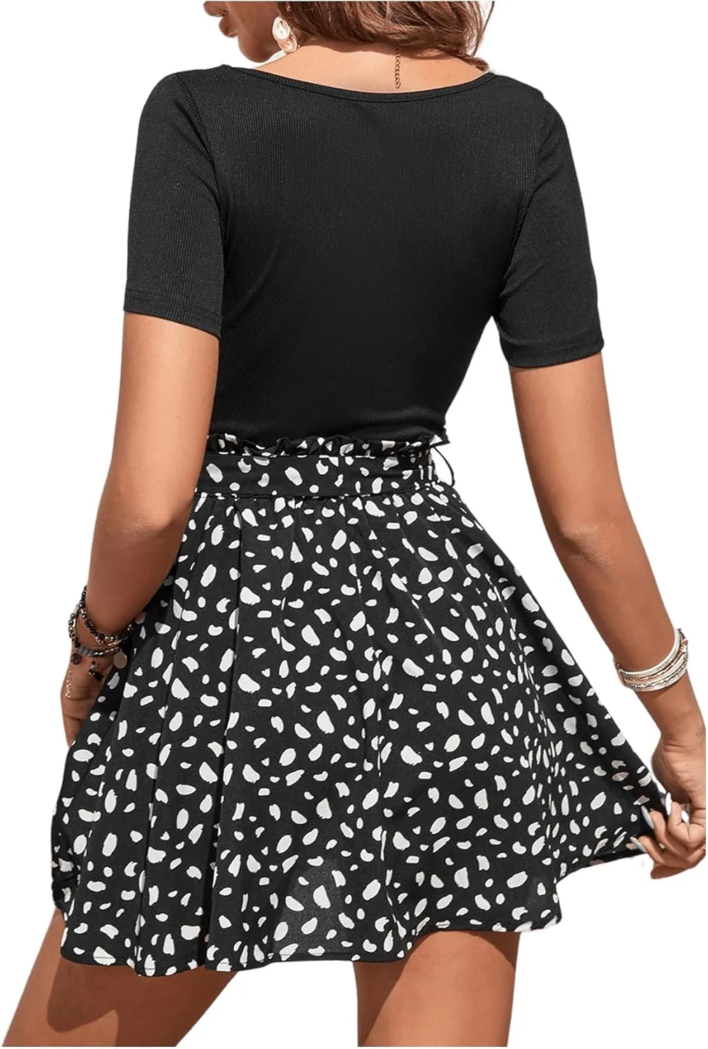 SweatyRocks Women's Graphic Short Sleeve Belted Mini Dress A Line Flared Skater Dresses