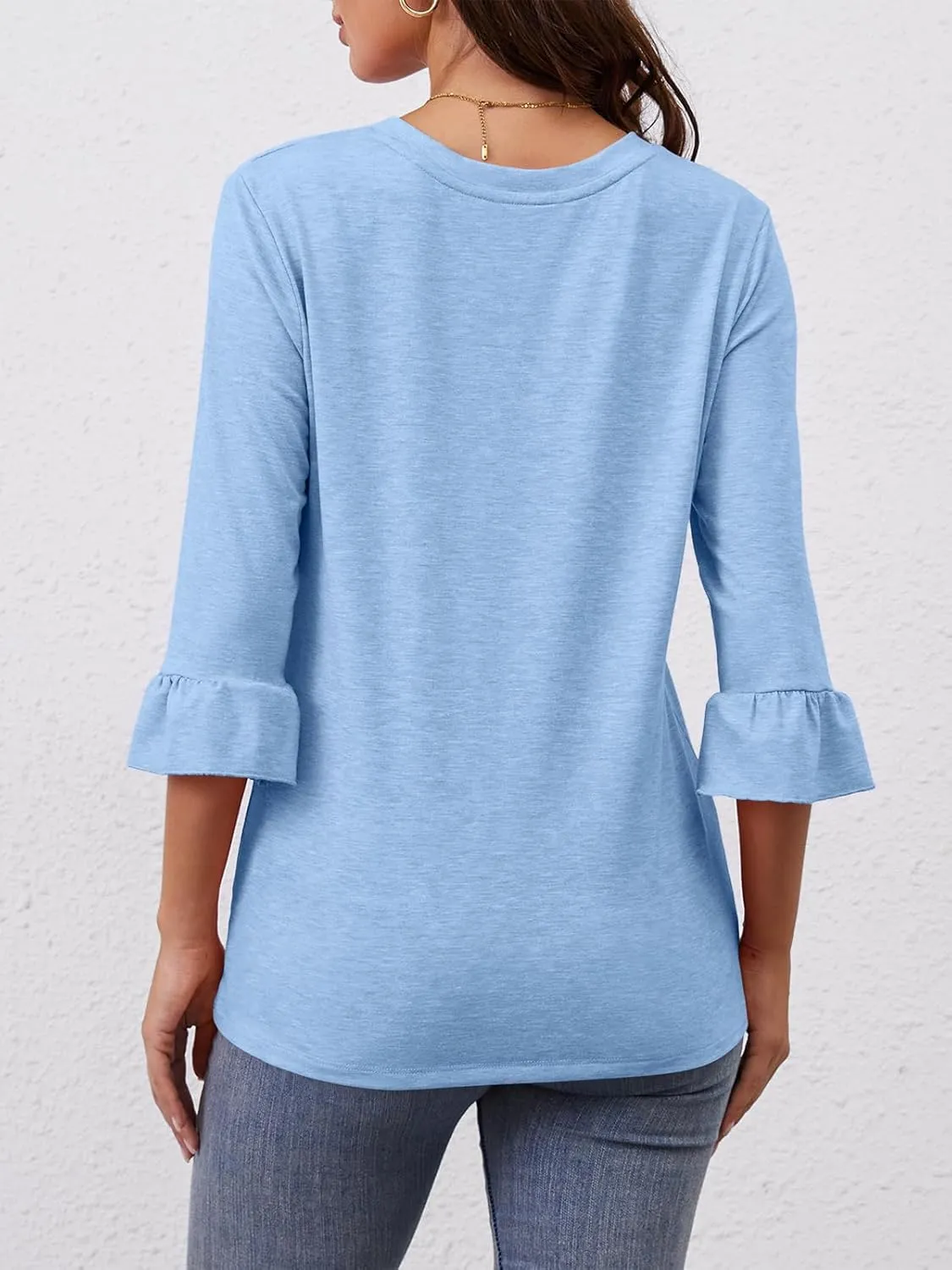 Syellowafter Womens 3/4 Ruffle Sleeve Tops Summer V Neck T Shirts Casual Loose Fit Tunic Blouses Basic Tees