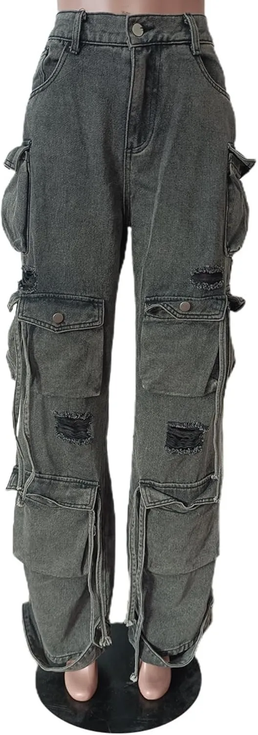 Vaceky Denim Baggy Jeans Women Straight Leg Y2K Distressed Cargo Joggers with Pockets
